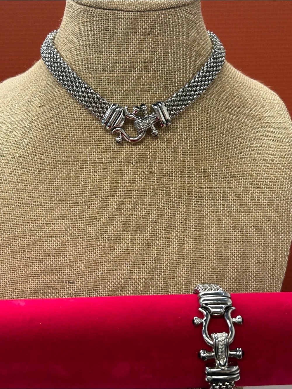 DSMK stainless steel silky mesh with rhinestone magnetic clasp necklace and brac